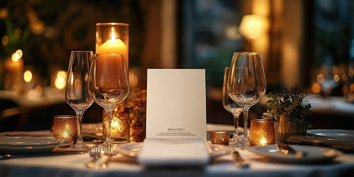 Candlelit restaurant table with two wine glasses, blank folded menu card, pillar and votive candles, plates and silverware, small floral centerpiece, warm intimate romantic atmosphere