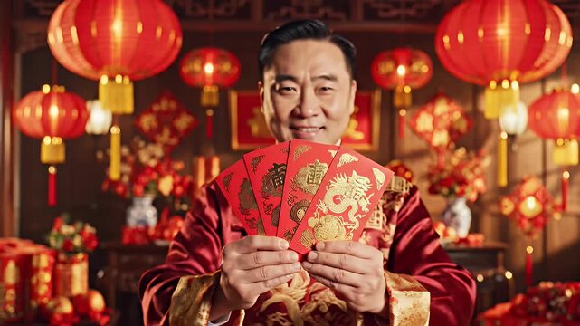 A man in traditional Chinese clothing smiles holding red envelopes for Lunar New Year. Lanterns and decorations fill the background for this traditional celebration.