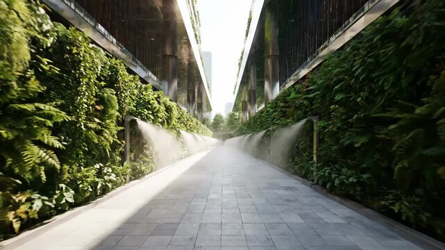 A contemporary urban pathway flanked by vibrant vertical gardens, featuring an active misting system for plant hydration.
