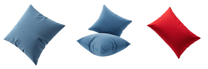 Collection of floating blue and red decorative cushions isolated on white