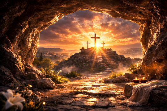 Cross Silhouette Framed by Cave at Sunrise &ndash; Dramatic Easter Landscape Banner
