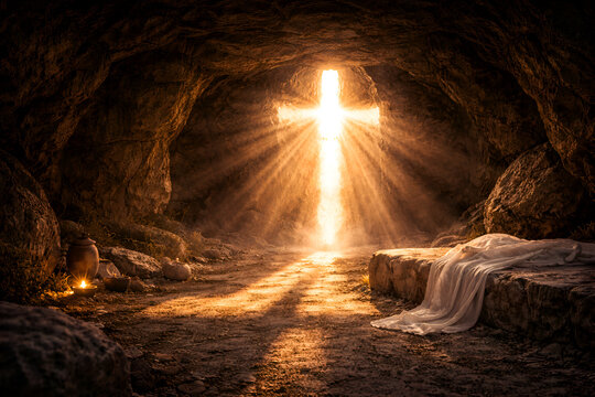 Cross Shaped Light in Cave Tomb &ndash; Symbolic Easter Resurrection Background