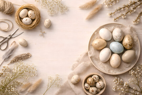 Scandinavian Neutral Easter Flat Lay &ndash; Minimal Nordic Spring Background Vertical