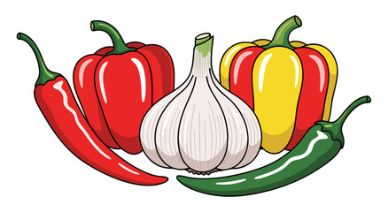 Spicy food ingredients in a vector illustration including red and green chili peppers, bell peppers, and garlic bulb © Purnomo