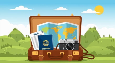 Vector illustration of a vintage open suitcase packed with travel essentials including a passport, visa, map, and camera, set against a scenic natural landscape © Purnomo Semlirick
