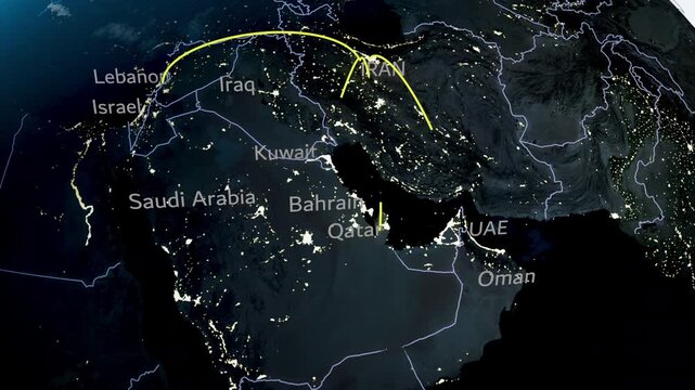 Israel war on Iran atack Gulf cities Map Dubai, UAE. Qatar, Iraq, Kuwait, Oman, Saudi, Bahrain