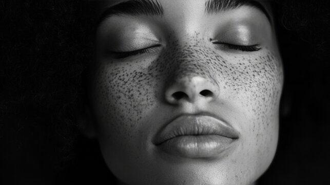A close-up portrait of a person with their eyes closed and freckled skin. The background is blurred, highlighting the subject's features.