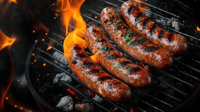 Four juicy sausages sizzling on a charcoal grill with bright flames, charred grill marks, herb garnish and glowing embers, mouthwatering smoky barbecue scene