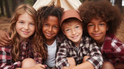 Fototapeta premium Group of happy children camp friends, two girls and two boys, smiling at camera. Diverse kids enjoying an outdoor adventure activity during summer camp.