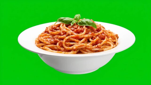 A delicious bowl of spaghetti bolognese with fresh basil rotates on a green screen, perfect for culinary projects.