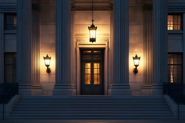 Neo-Classical Masonic Temple Facade Illuminated at Dusk  