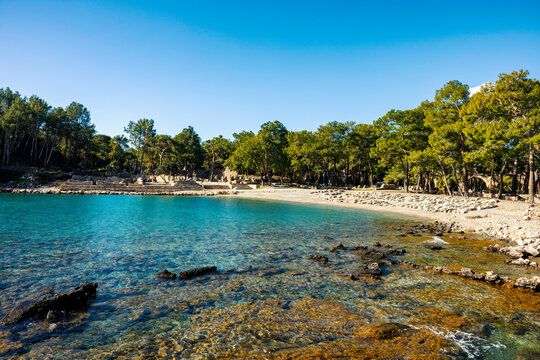 Phaselis ruined building with a tree growing through it near the coast.  Phaselis antic archeologic site in Turkey Kemer Antalya.The ancient site of Phaselis lies 58 km south of Antalya on an isthmus 