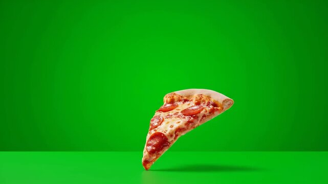 A delicious pepperoni pizza slice with melted cheese, gently floating against a bright green screen. Ideal for compositing.