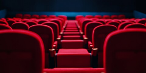 Obraz premium This is a still image of an empty movie theater with numerous red seats. The theater appears ready for customers to arrive and enjoy the show.