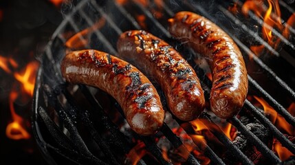 Three sizzling sausages with char marks on a flaming barbecue grill, smoky, glossy and mouthwatering