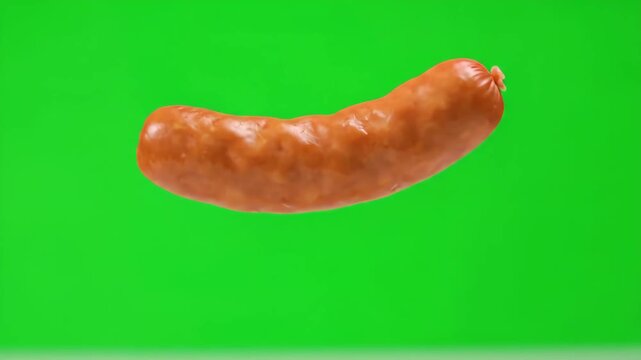 A delicious smoked sausage rotates against a green screen, ideal for food advertising and culinary projects.