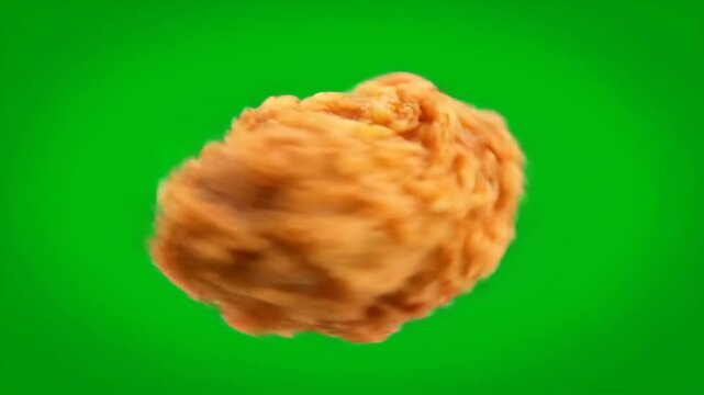 A delicious, perfectly cooked fried chicken nugget rotates slowly against a bright green screen for easy keying.