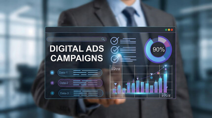 Digital ads campaigns dashboard with success analytics, ads advertising, SEO data visualization, digital marketing growth chart, and 90 percent growth on futuristic screen display