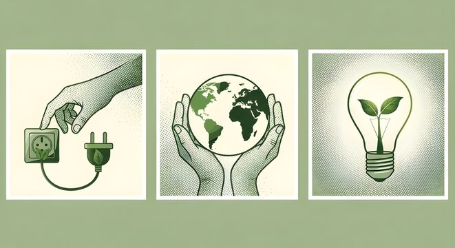 Collage de semitonos de moda.
 Soluciones de energ&iacute;a verde.
 Manos sosteniendo el globo, bombilla con brote, enchufe verde. Concepto de estilo de vida sin desperdicio con elementos de sostenibilidad.