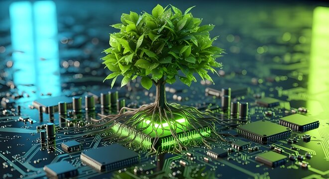 &Aacute;rbol que crece en el punto convergente de la placa de circuito de computadora.
 Computaci&oacute;n verde, tecnolog&iacute;a verde, TI verde, RSE y &eacute;tica de TI.
 Concepto de tecnolog&iacute;a verde.
 Tecnolog&iacute;a verde ambi