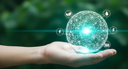 Concepto de icono ESG en la mano para el medio ambiente, lo social y la gobernanza en negocios éticos y sostenibles en la conexión de red sobre un fondo verde.
