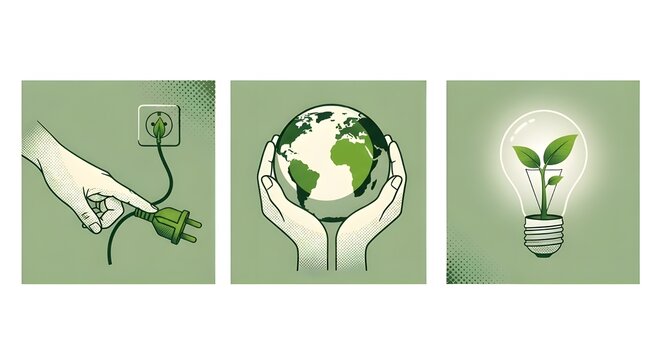 Collage de semitonos de moda.
 Soluciones de energ&iacute;a verde.
 Manos sosteniendo el globo, bombilla con brote, enchufe verde. Concepto de estilo de vida sin desperdicio con elementos de sostenibilidad.