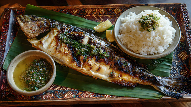 Grilled kingfish with rice and chili sauce on a traditional plate. Culinary background illustration.