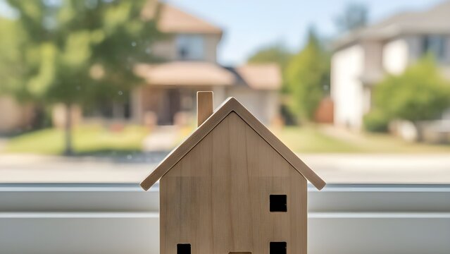 Small Wooden House Model on Window Sill for Real Estate and Mortgage Concept 부동산 및 주택 담보 대출 컨셉을 위해 창가에 놓인 작은 나무 집 모형