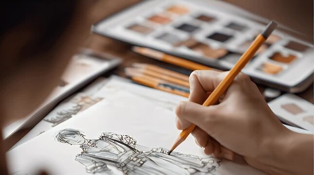 Artist Hand Drawing Fashion Design Sketch.
