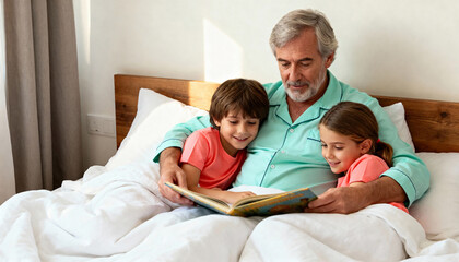 Obraz premium Grandfather reading a storybook to his grandchildren in bed. Happy family enjoying quality time together at home. Intergenerational bonding and storytelling concept