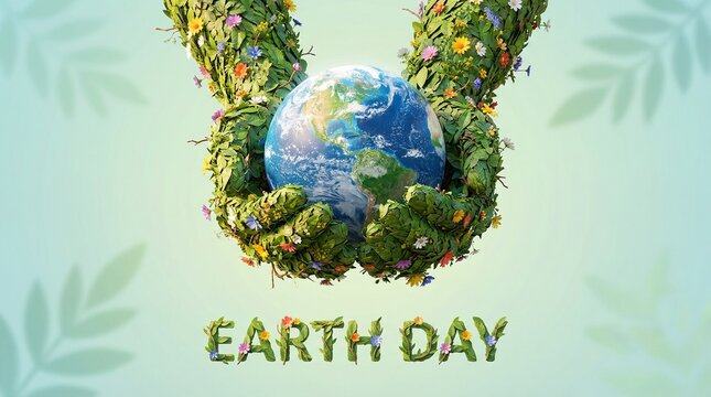 Earth day concept with hands holding the globe surrounded by greenery and flowers