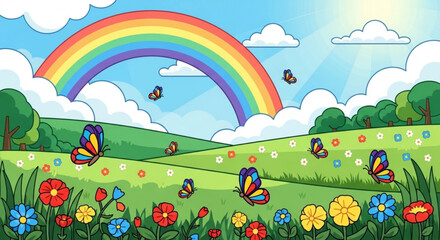 Naklejka premium Colorful rainbow with butterflies and flowers in a green field on a sunny day with clouds