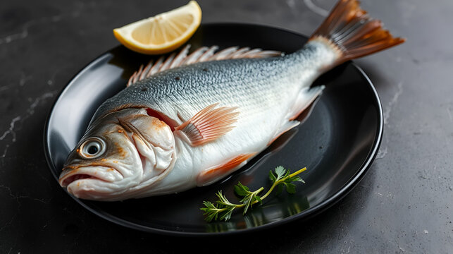 Raw defrosted gutted redfish on black plate on black surface