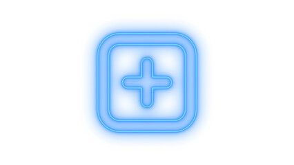 Obraz premium A vibrant blue neon glowing plus sign icon inside a sleek rounded square outline, representing addition, positive action, and new creation, isolated on transparent background.