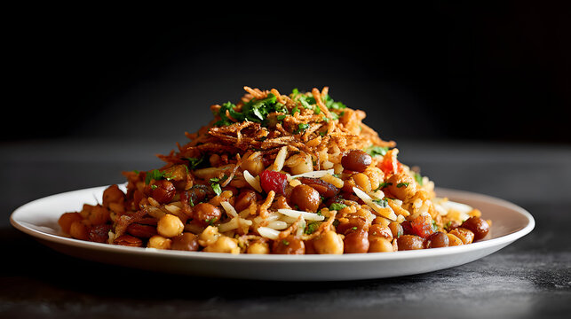 Koshari is a mixture of rice, macaroni, and spicy tomato sauce. Illustration of Egyptian culinary background.