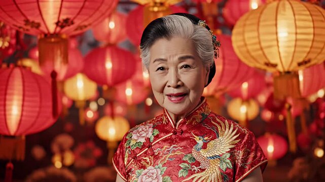 A portrait of an elderly Asian woman wearing a traditional red cheongsam dress with floral and phoenix embroidery, celebrating the Chinese Lunar New Year.