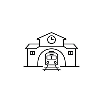 Train station building with clock and train front black and white line vector icon