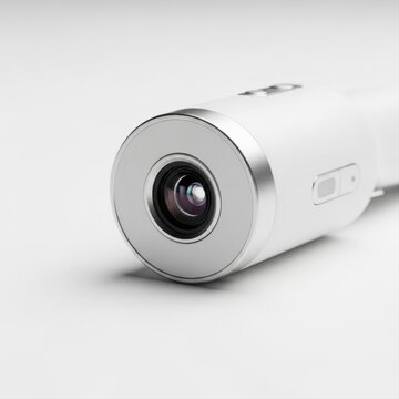 Sleek white thermal detector with lens, isolated on a pristine white background, showcasing modern design and technology