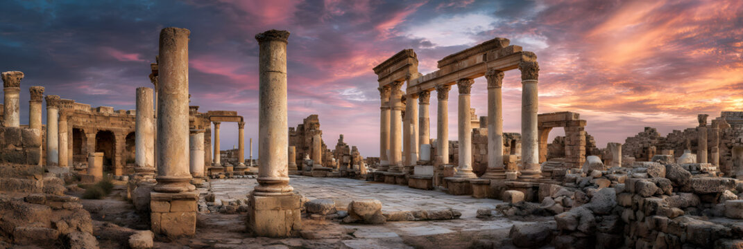 A view of Leptis Magna in Libya, an ancient Roman city on the shores of the Mediterranean Sea. A background illustration of a historical site in Libya.