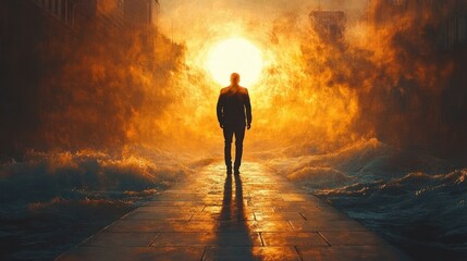 Fototapeta premium Solitary silhouette of a man walking down a flooded city street toward a blazing sun through golden mist, waves crashing, reflective pavement, awe and determination