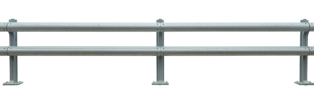 Metal guardrail on a concrete curb road isolated on a transparent background