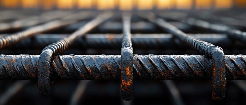 Close-up of rusted steel rebar grid with textured ridges and tie wires, warm blurred background conveying rugged strength and industrial resilience