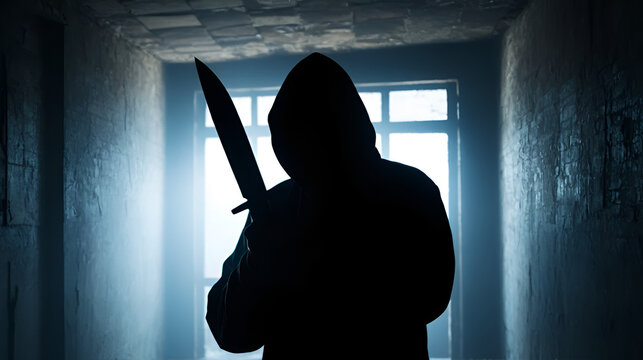 Creepy silhouette with knife  in the dark abandoned building. Horror about maniac concept