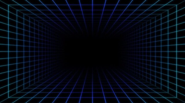 A retro vector neon grid tunnel stretches into darkness, its glowing blue lines racing toward a vanishing point, creating a hypnotic sense of depth and endless digital animation