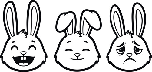Obraz premium Three cartoon rabbits with different facial expressions on a white background