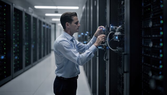 Technician in focus adjusting sensor parameters on server racks in a syndicate hub showcasing precise uptime management in a controlled environment.