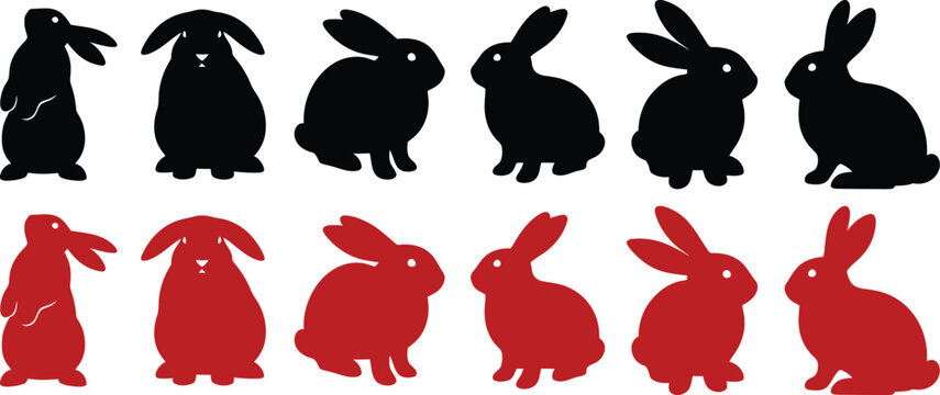 A group of black and red rabbit silhouettes on a white background