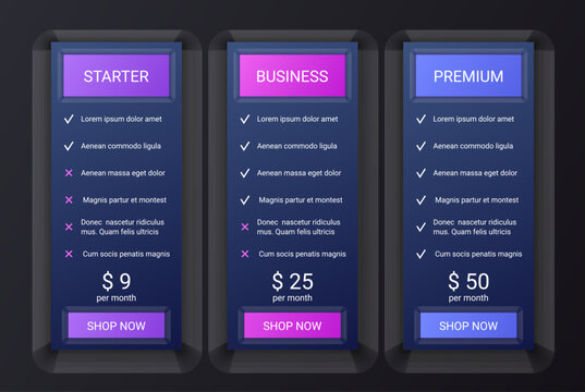 Price table template. Pricing chart grid. Comparison data plans. Spreadsheet page with 3 columns. Checklist compare tariff banner. Dark theme. Vector illustration. Subscriptions with options.
