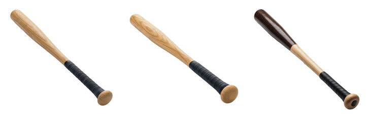 Naklejka premium Set of three professional wooden baseball bats with different wood grain finishes isolated on white background.