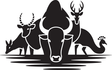 African wildlife group silhouette featuring buffalo deer and peacock in nature composition © MDSHOFIQUL